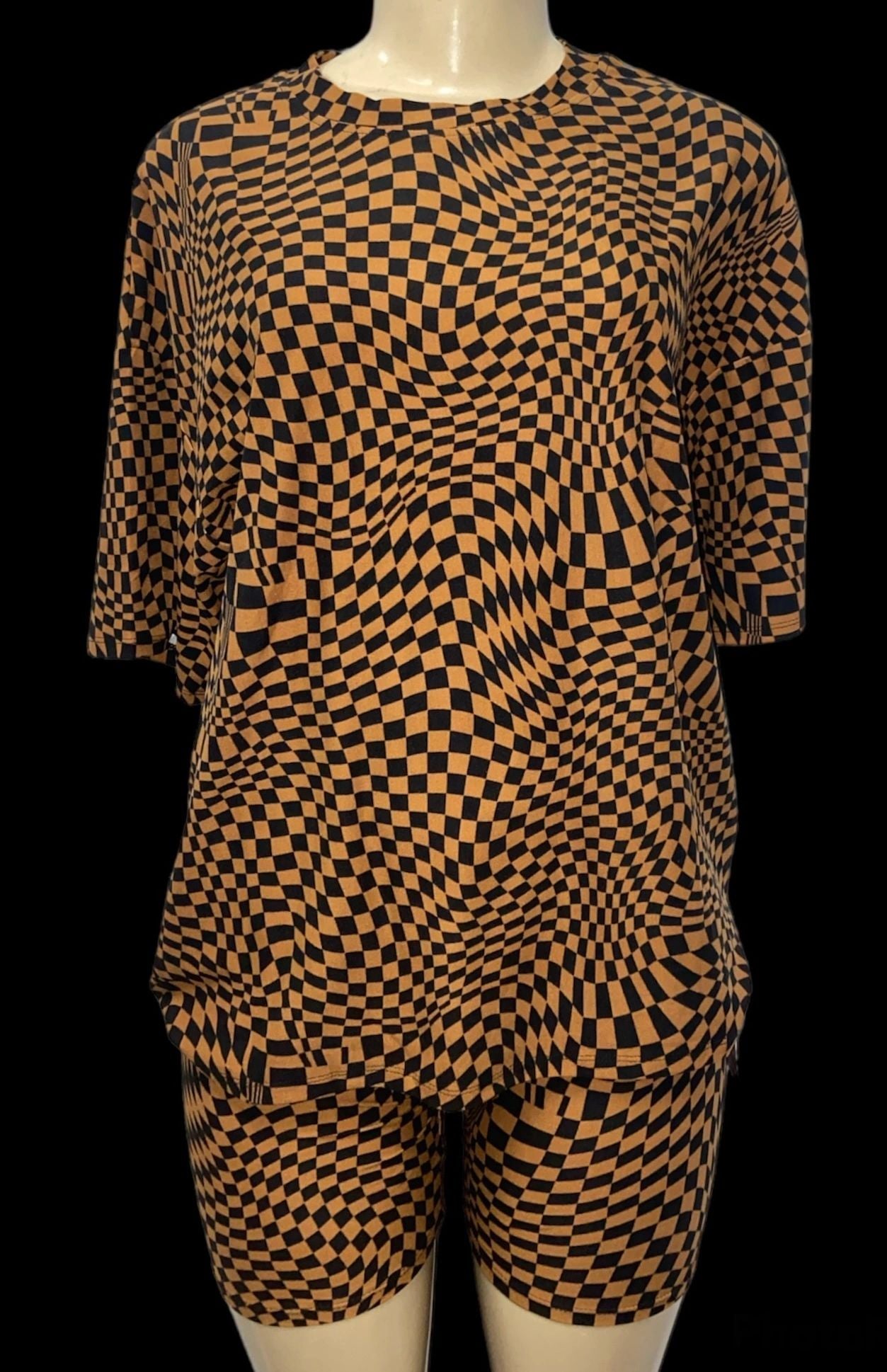 Women's Plaid Brown Black Print Short Set