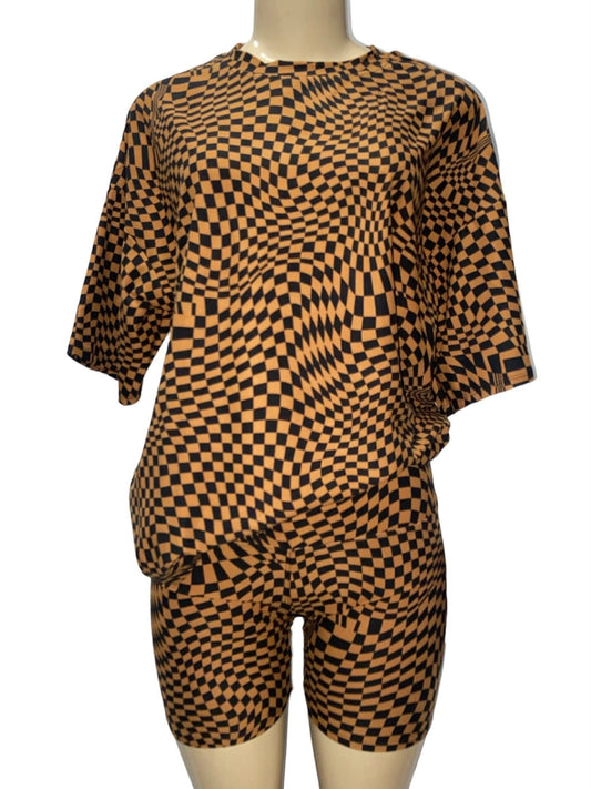 Women's Plaid Brown Black Print Short Set